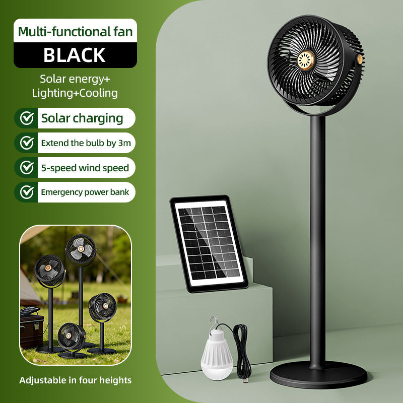 Solar-Powered Multi-Functional Floor Fan with Adjustable Height 5-Speed Settings and Emergency Power Bank