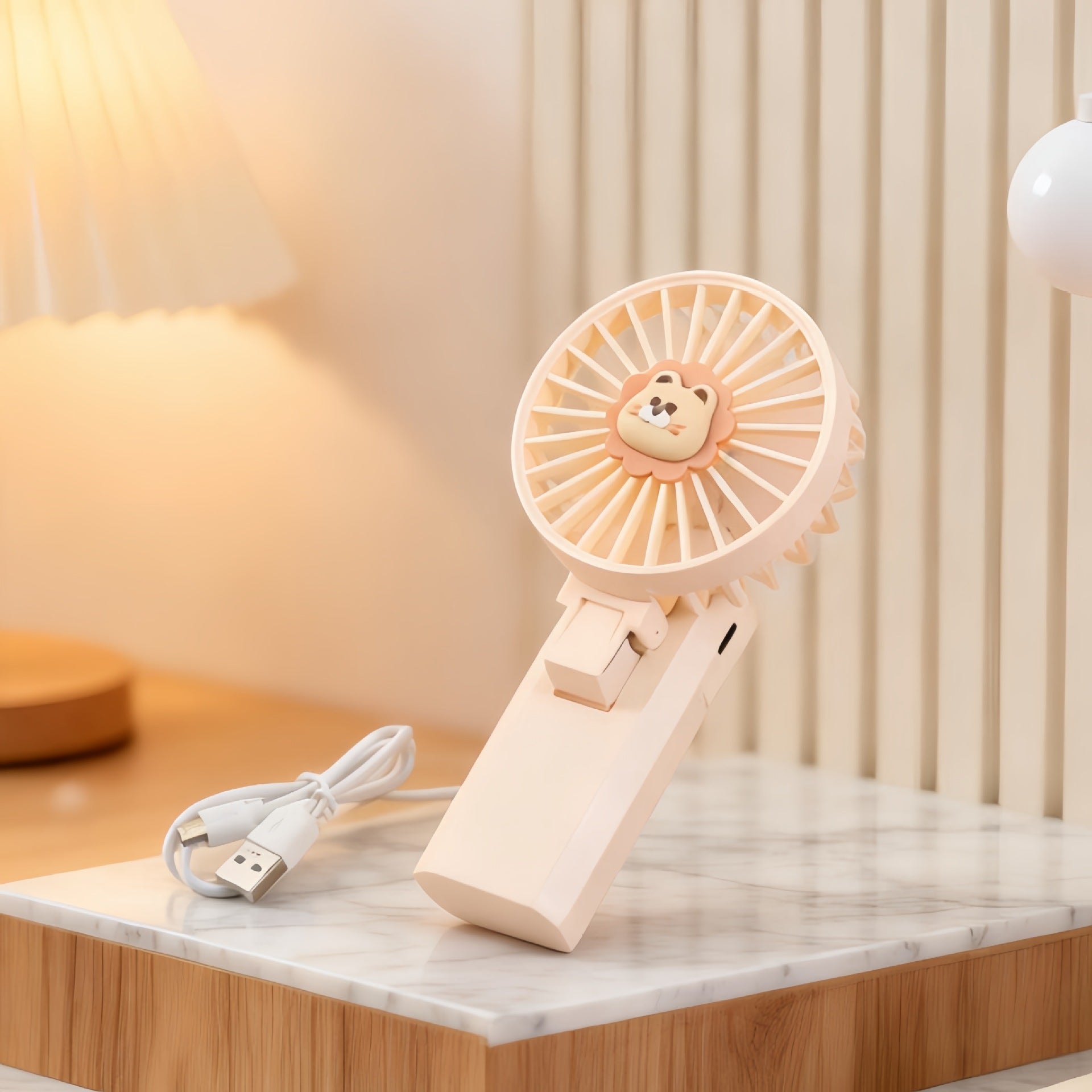 Portable Ladies Hand Fan USB Rechargeable Mini Fan with Cute Lion Motif Lightweight Personal Cooling Fan