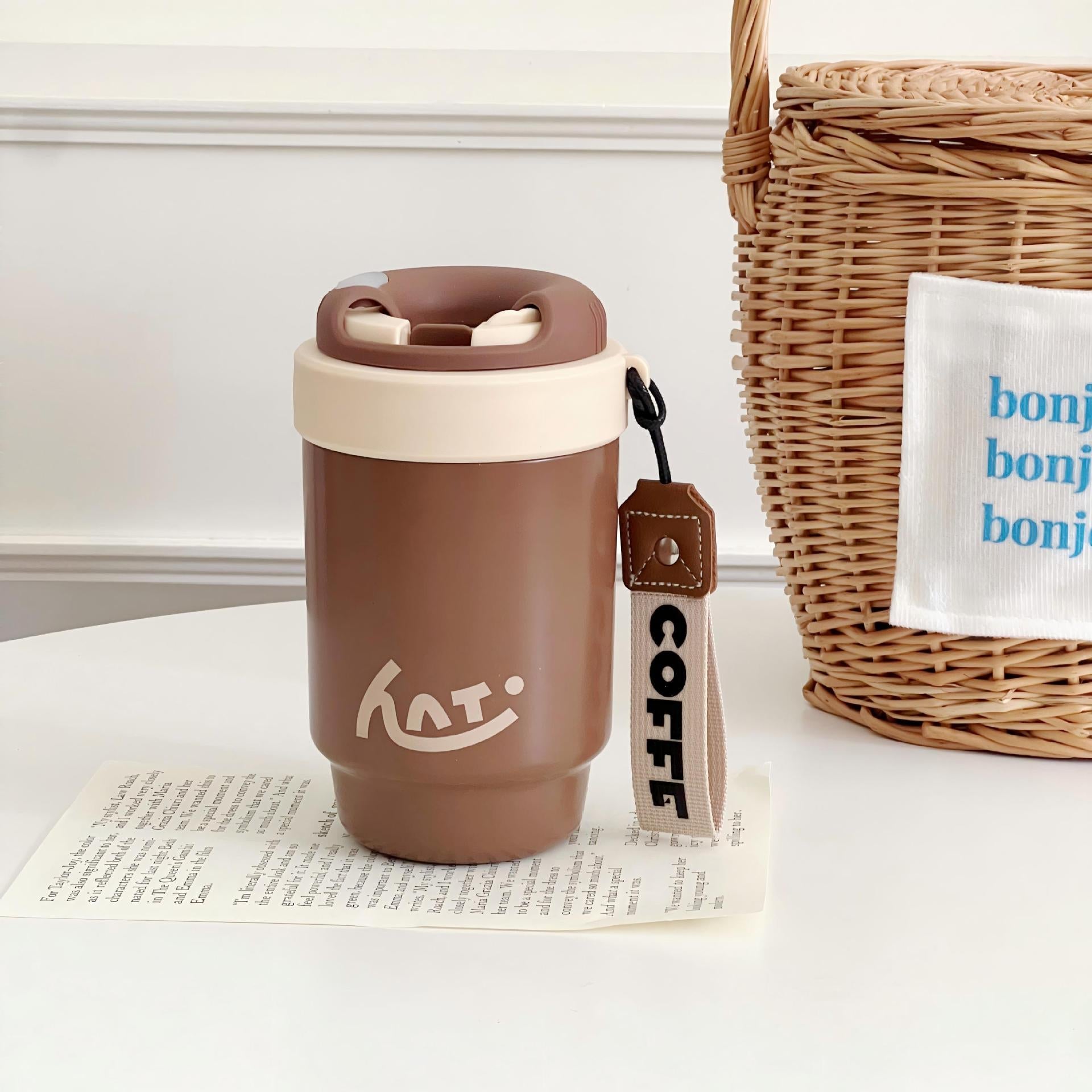 Insulated Coffee Mug for Women Double-Walled Spill-Proof Travel Mug with Lid and Carry Strap Black Silver