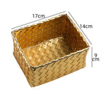 Unisex Decorative Storage Container with Hand-Woven Golden Surface Compact Organizer Box 17x14x9 cm