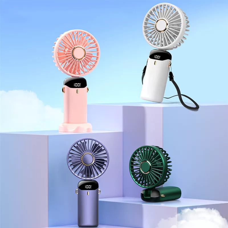 Foldable Rechargeable Handheld Fan with LED Battery Indicator and Detachable Charging Station