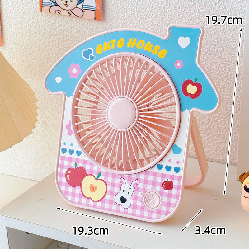 Portable Table Fan Cute House Design Compact Lightweight with Dog Motif and Flowers