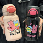 Women's Stainless Steel Water Bottle 500ml Leak-Proof Blue with Cartoon Design