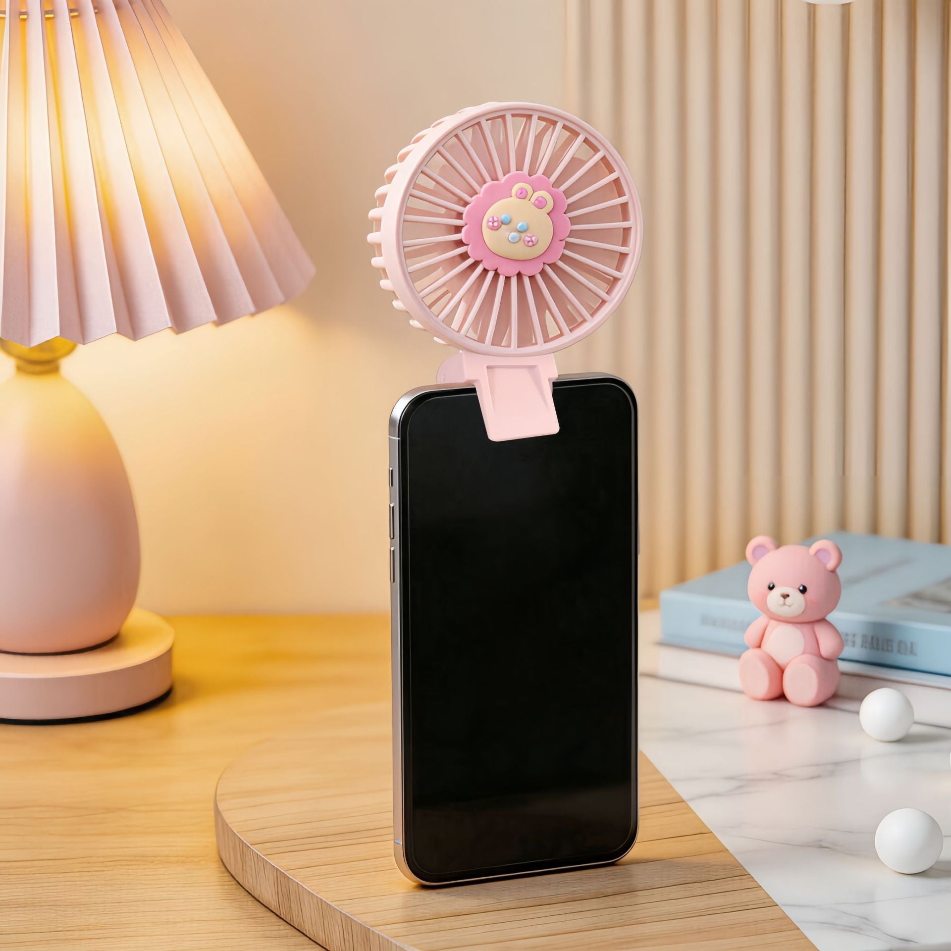 Portable Ladies Hand Fan USB Rechargeable Mini Fan with Cute Lion Motif Lightweight Personal Cooling Fan