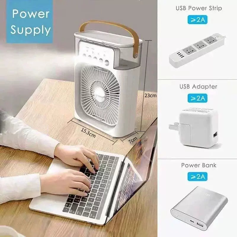 USB Humidifying Portable Fan with 3 Speeds, 7-Color Mood Light, Removable Water Tank, Carry Handle