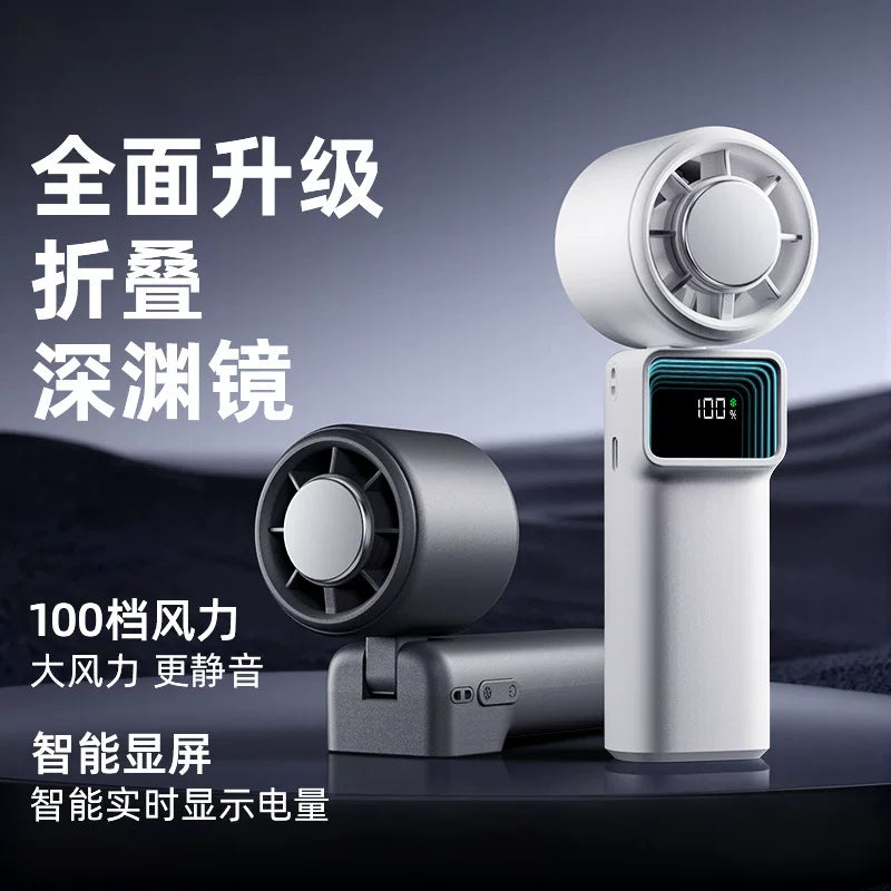 Portable Folding Fan USB-C Rechargeable with LED Display Stepless Speed Control and Desktop Base