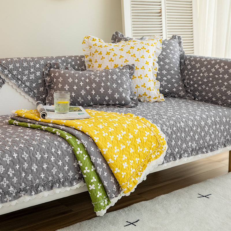 Ladies Sofa Throw Cotton Cover with Yellow White Floral Pattern and Cushions