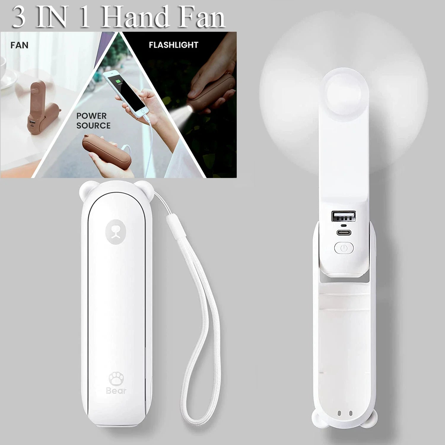 Foldable Rechargeable Handheld Fan with Power Bank and Dual USB Ports Unisex One-Size