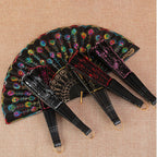 Handmade Ladies Fan Black Fabric Wood Blue Floral Embroidered Design