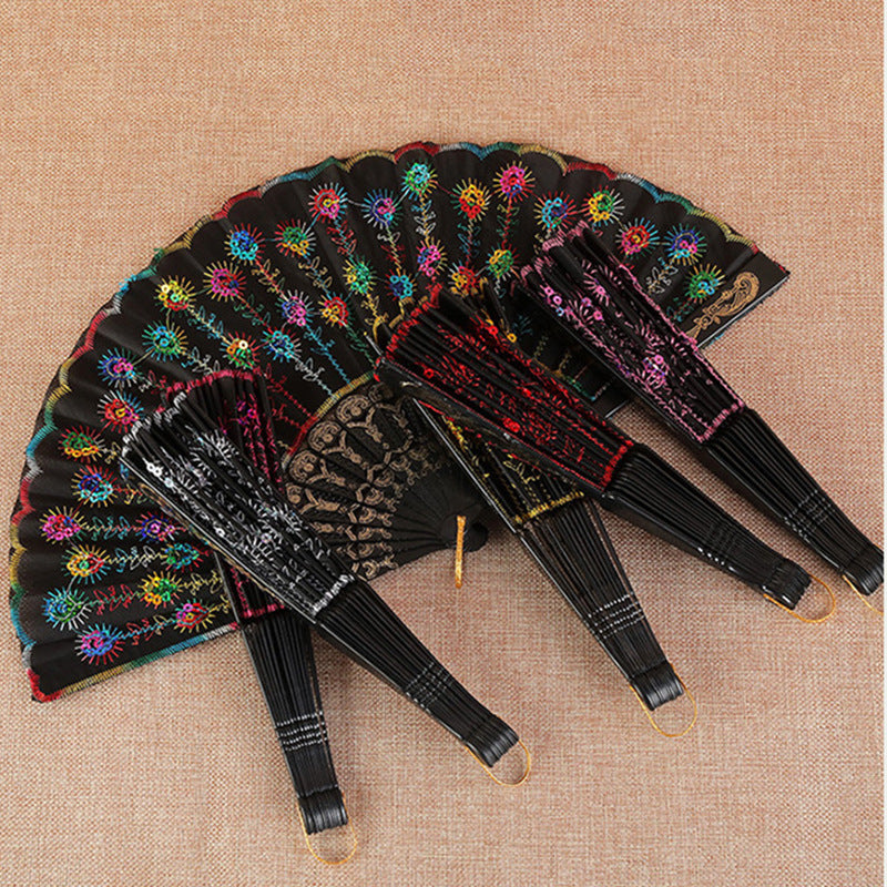 Handmade Ladies Fan Black Fabric Wood Blue Floral Embroidered Design