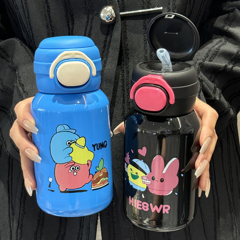 Women's Stainless Steel Water Bottle 500ml Leak-Proof Blue with Cartoon Design
