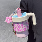 Ladies Insulated Thermal Mug BPA-Free Plastic Leopard Animal Design with Creative Handle and Keychain