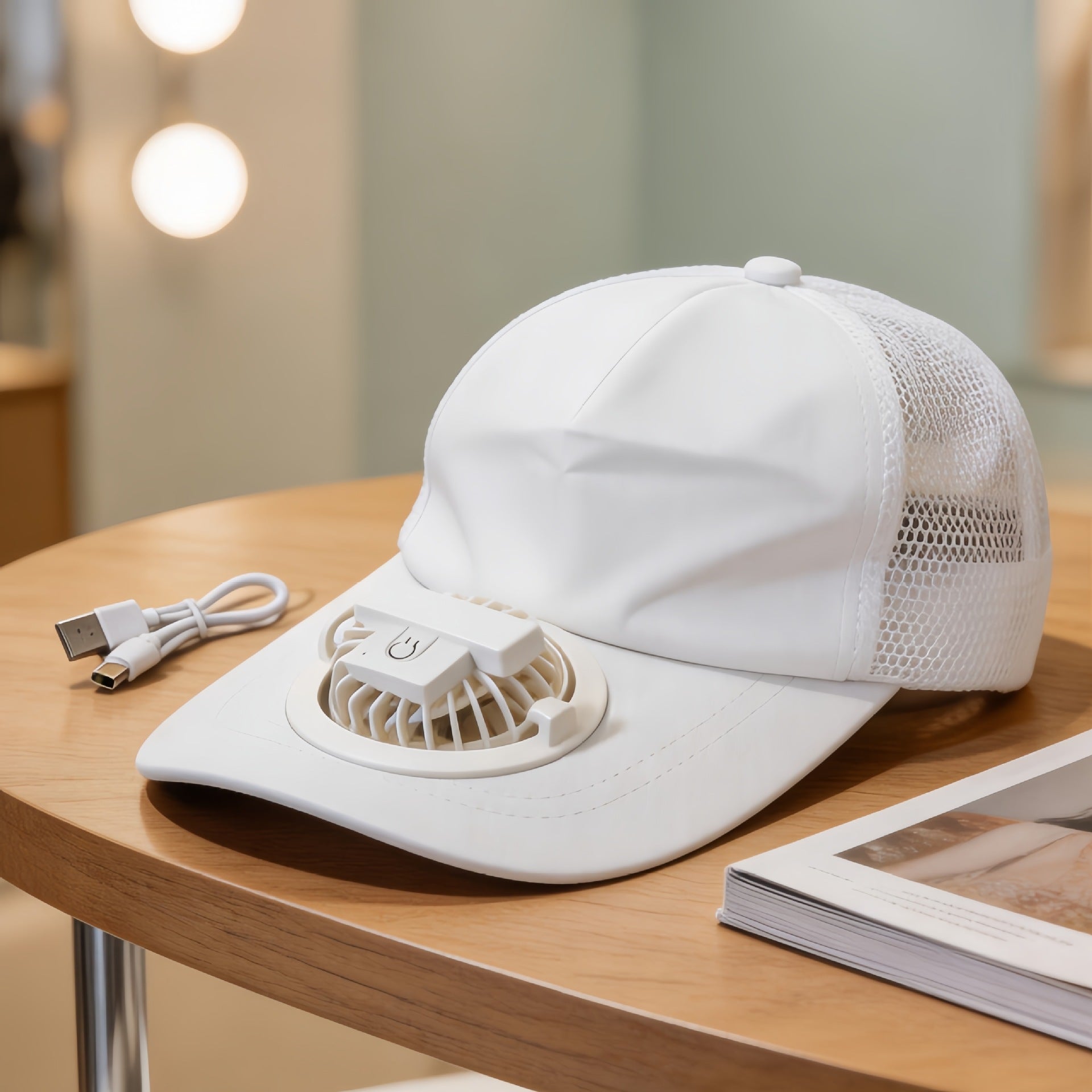 Women's Cooling Cap with Integrated Fan Breathable Mesh Adjustable Strap