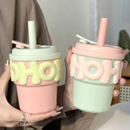 Ladies Drinking Cup with Animal Motif BPA-Free Plastic Spill-Proof Lid and Straw