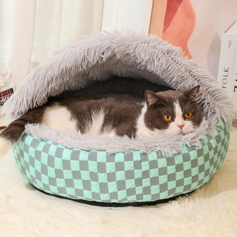 Cozy Cat Bed Soft Check Pattern Indoor Outdoor Pet Nest