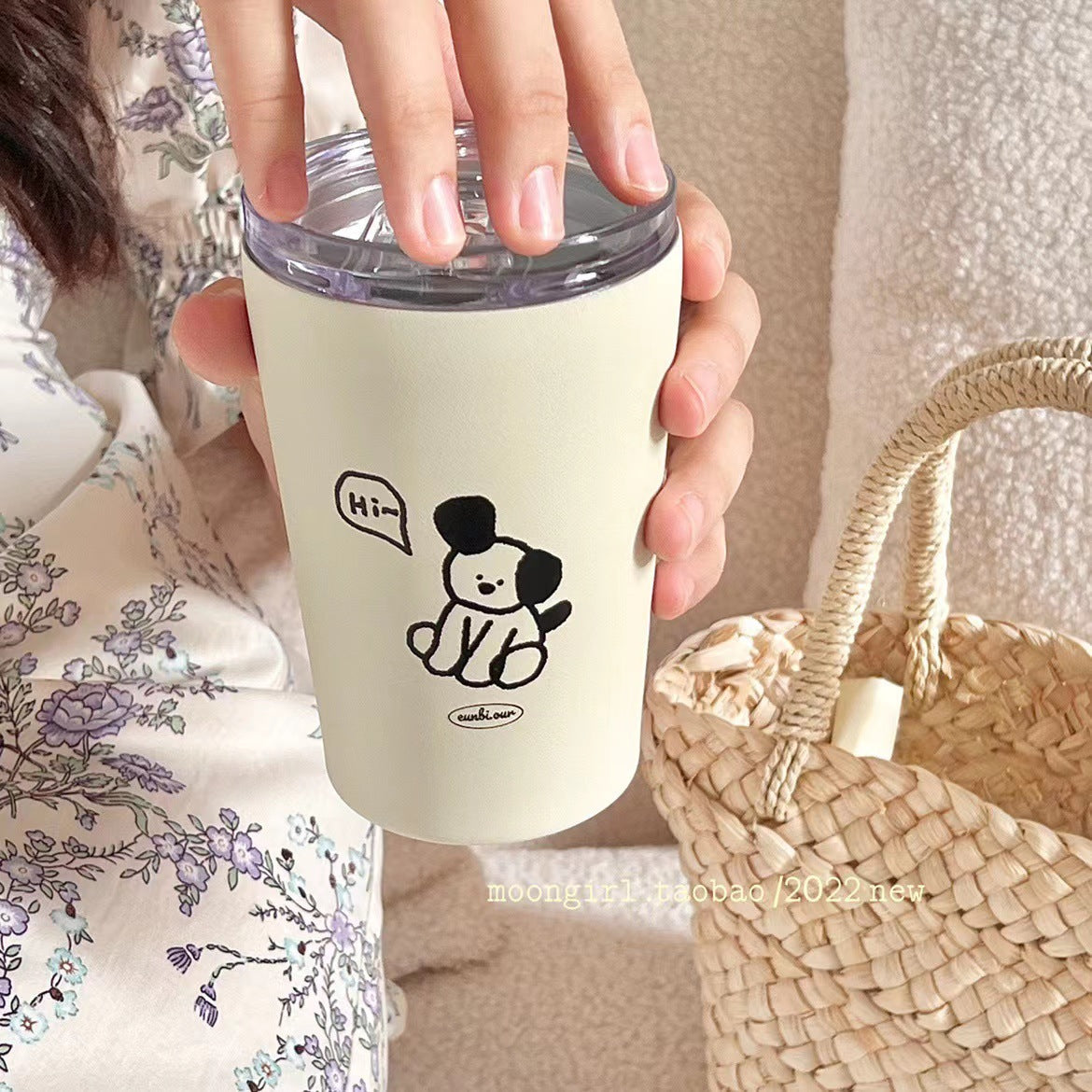 Women's Insulated Travel Mug with Cute Dog Design Leak-Proof Lid Ergonomic Handle