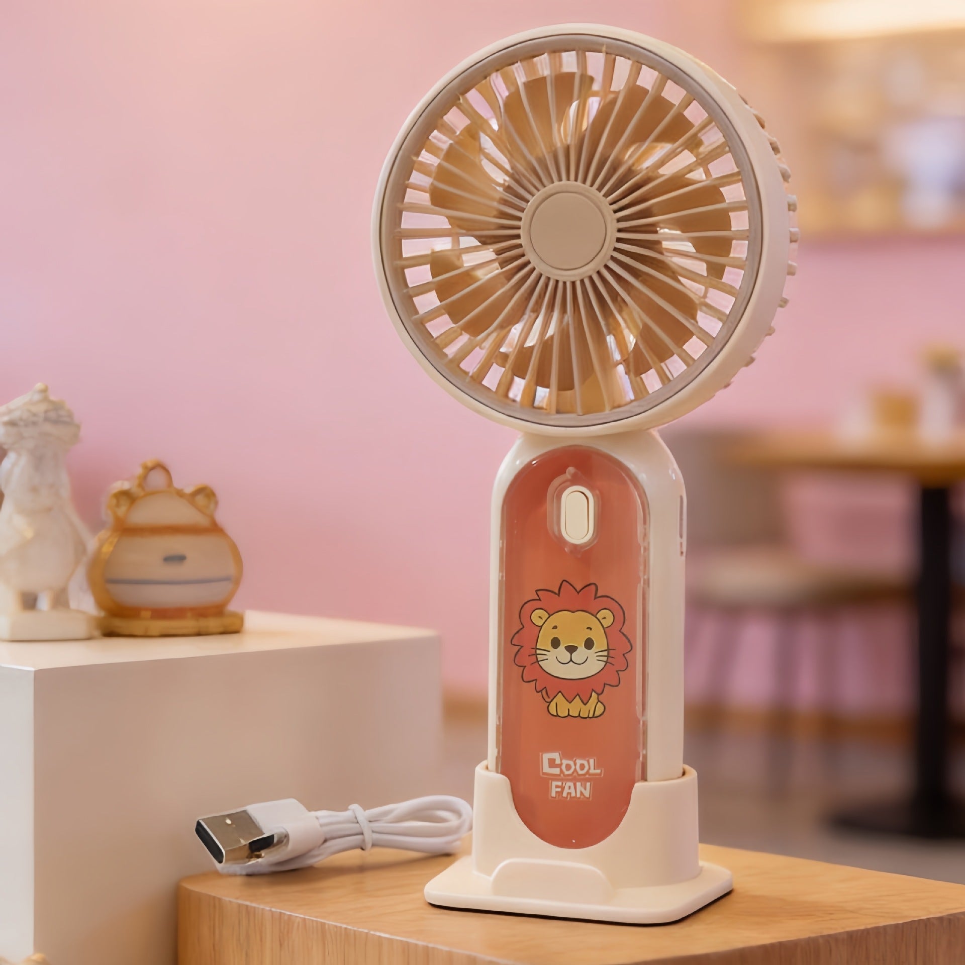 Portable Handheld Fan with Cute Lion Design USB Rechargeable Lightweight Personal Fan