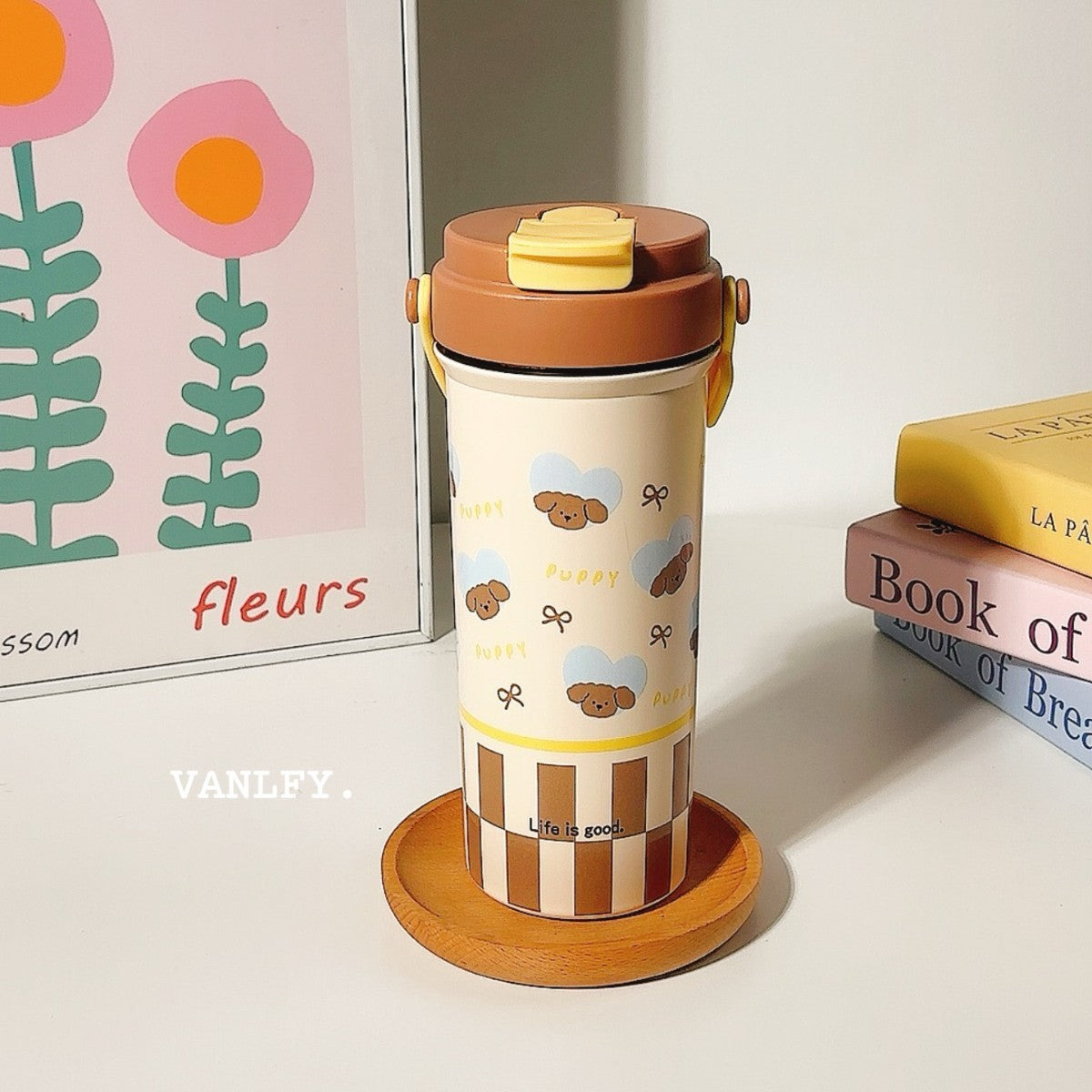 Insulated Stainless Steel Drinking Cup with Secure Flip Lid and Dog Design for Women
