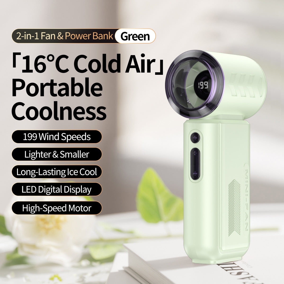 Portable Cooling Fan with Power Bank Adjustable Speeds Lightweight Compact