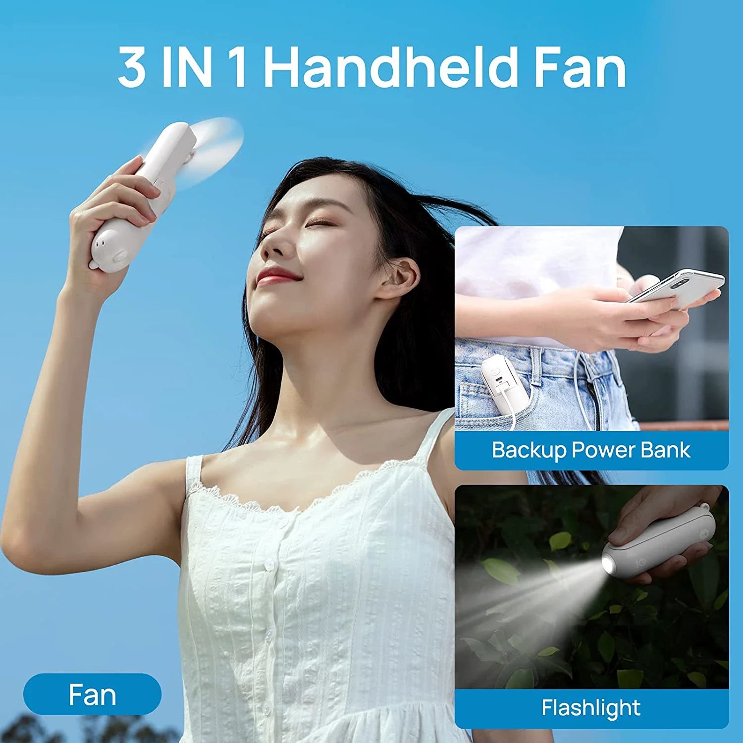 Foldable Rechargeable Handheld Fan with Power Bank and Dual USB Ports Unisex One-Size