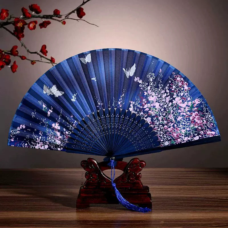 Women's Silk Folding Fan Elegant Floral Butterfly Motif with Tassel One Size