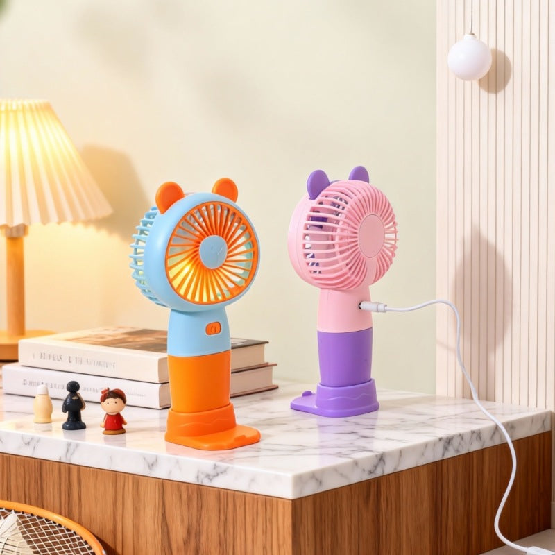 Women’s Portable Handheld Fan with Animal Ear Design LED Light Adjustable Speed Compact