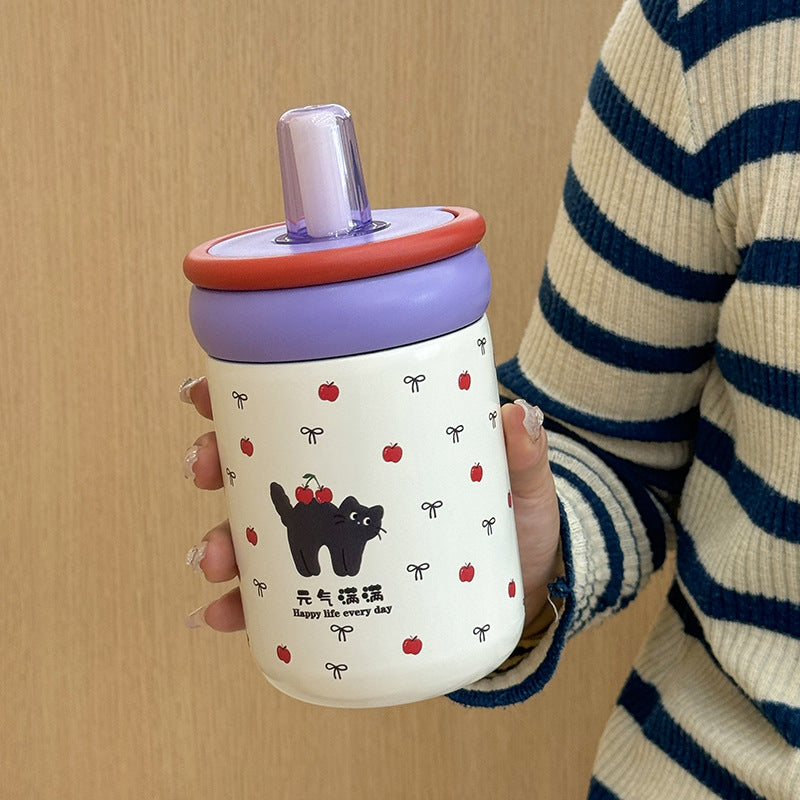 Women’s BPA-Free Plastic Water Bottle with Silicone Cap and Cat Design Playful Pattern