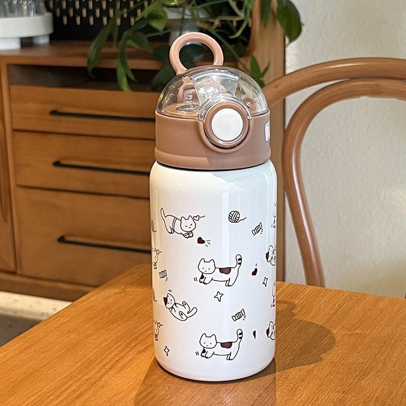 Unisex Water Bottle with Funny Cat Pattern Leak-Proof Flip-Top Lid Durable and Dishwasher Safe