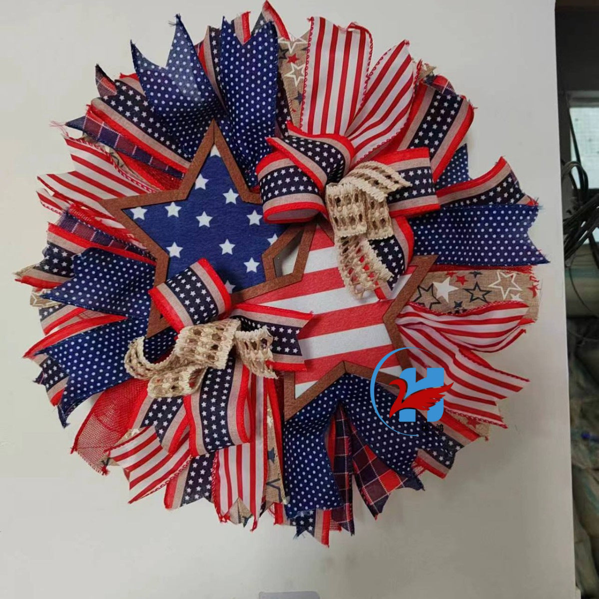 Unisex Patriotic Star Door Wreath Handmade Wood and Jute Ribbon Rustic Decoration