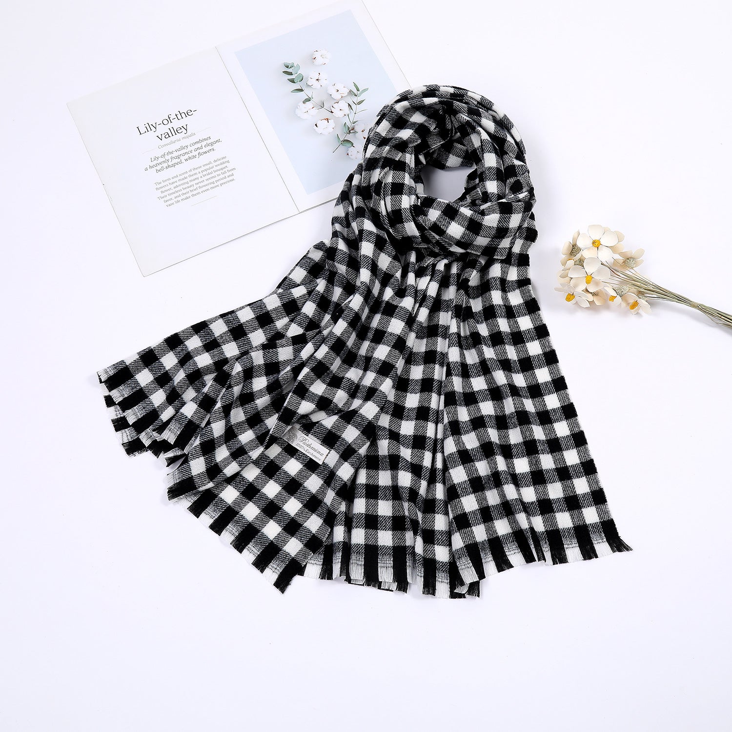 Women's Checked Scarf Soft Lightweight Black and White Cozy Wrap Shawl