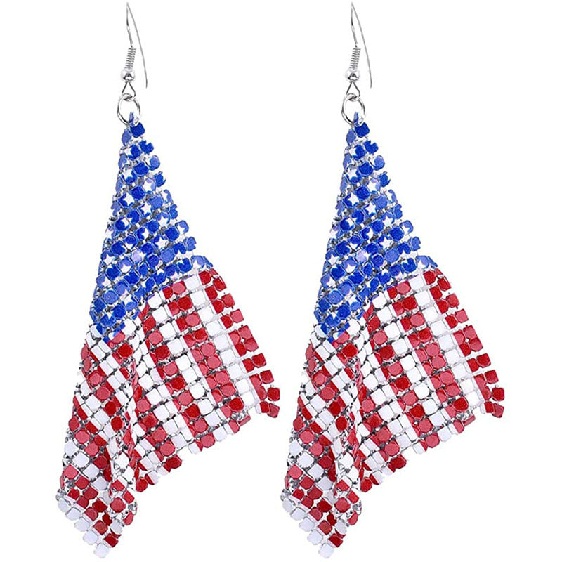 Women's Long Rhinestone Mesh Earrings American Flag Design Fishhook Lightweight