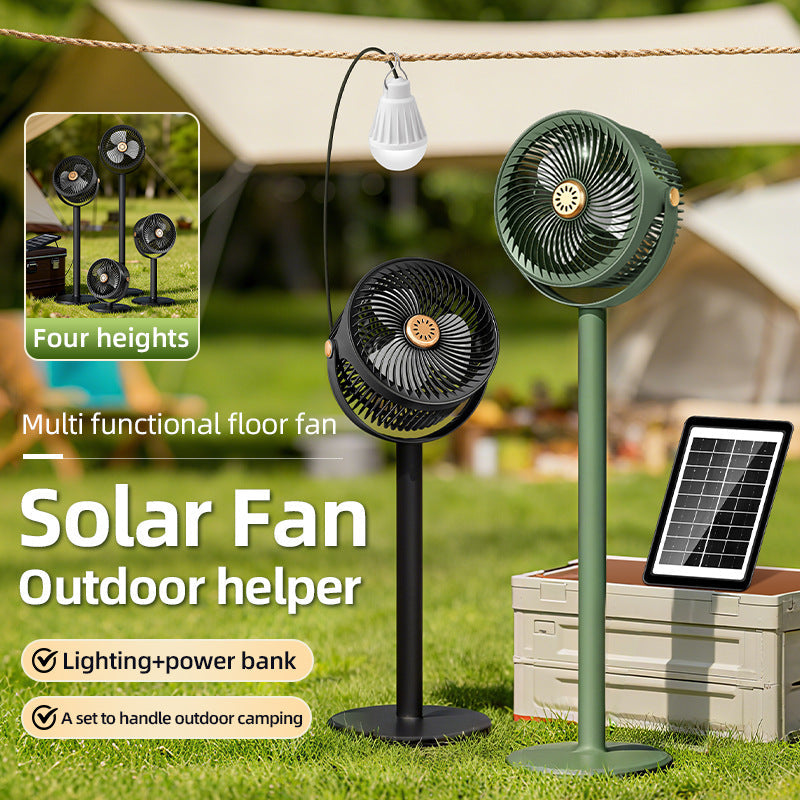 Solar-Powered Multi-Functional Floor Fan with Adjustable Height 5-Speed Settings and Emergency Power Bank