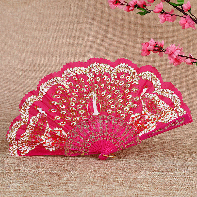 Women Folding Hand Fan Embroidered Pink Fabric and Wood Portable Accessory