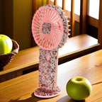 Rechargeable Portable Handheld Fan with Rhinestone Accents and Cat Emblem