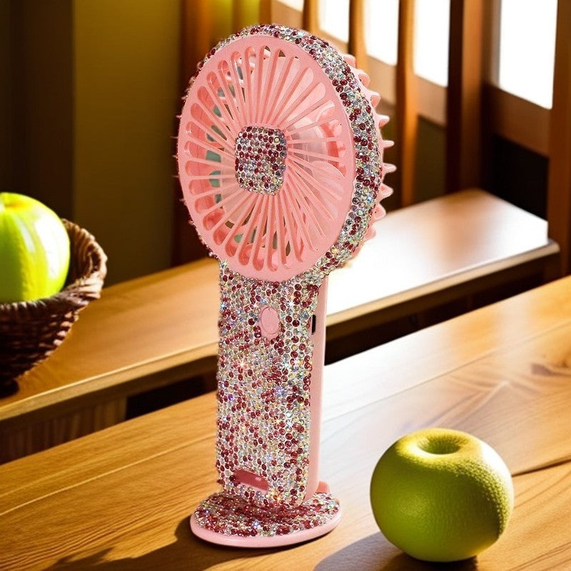 Rechargeable Portable Handheld Fan with Rhinestone Accents and Cat Emblem