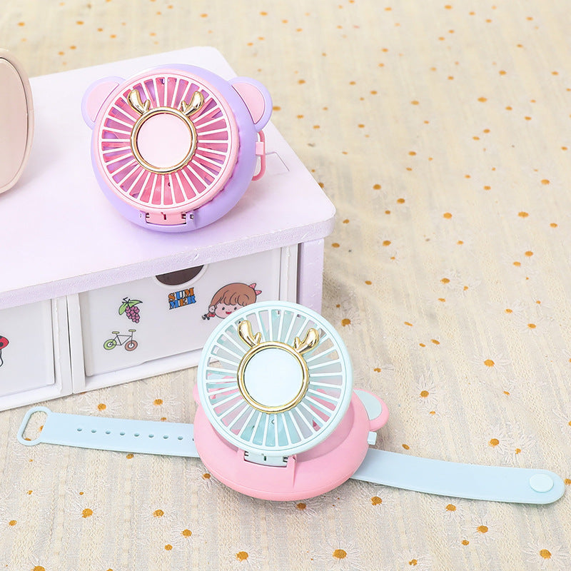 Ladies Portable Hand Fan with Integrated Mirror USB Rechargeable Cute Animal Design Lightweight
