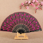 Handmade Ladies Fan Black Fabric Wood Blue Floral Embroidered Design