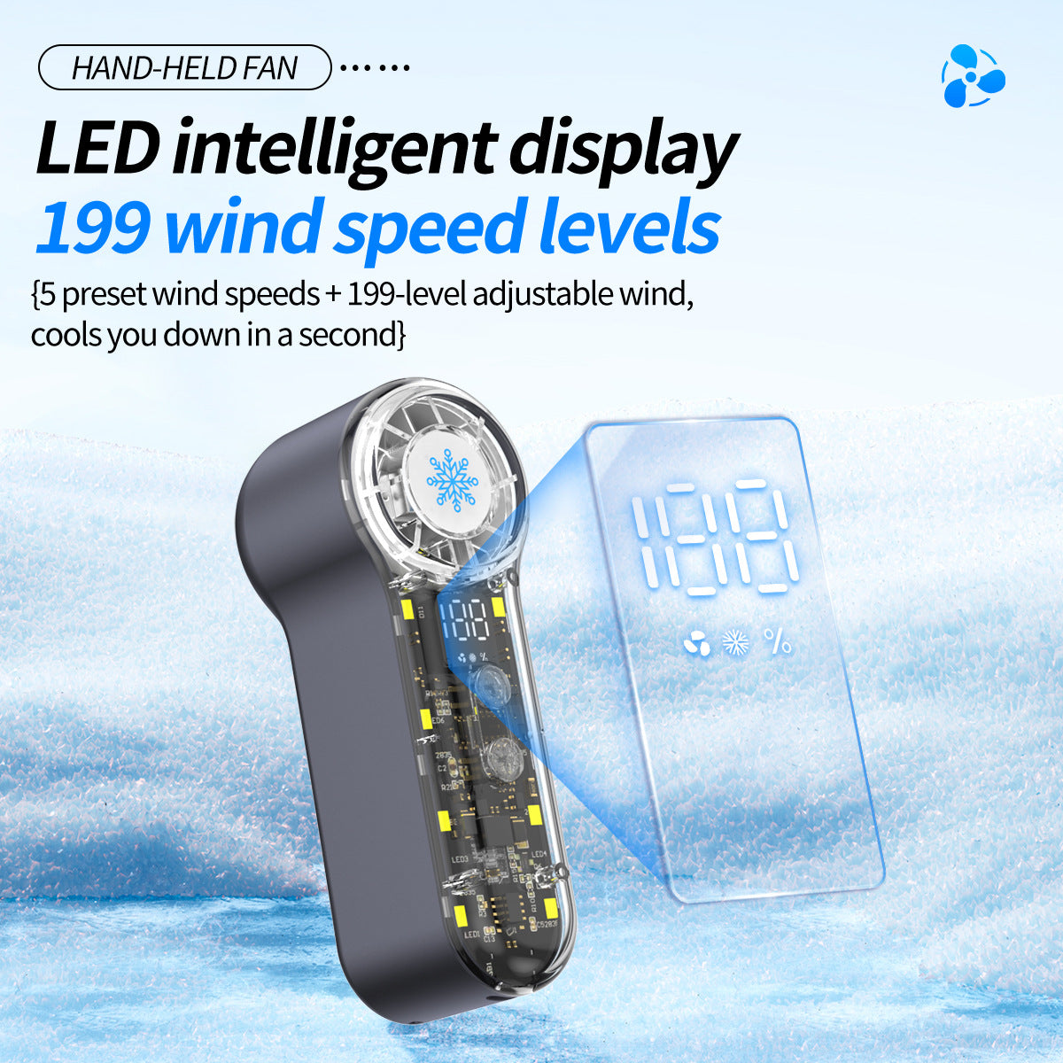 Portable Mini Hand Fan High-Speed 199 Settings LED Display Long Battery Life Compact for Women