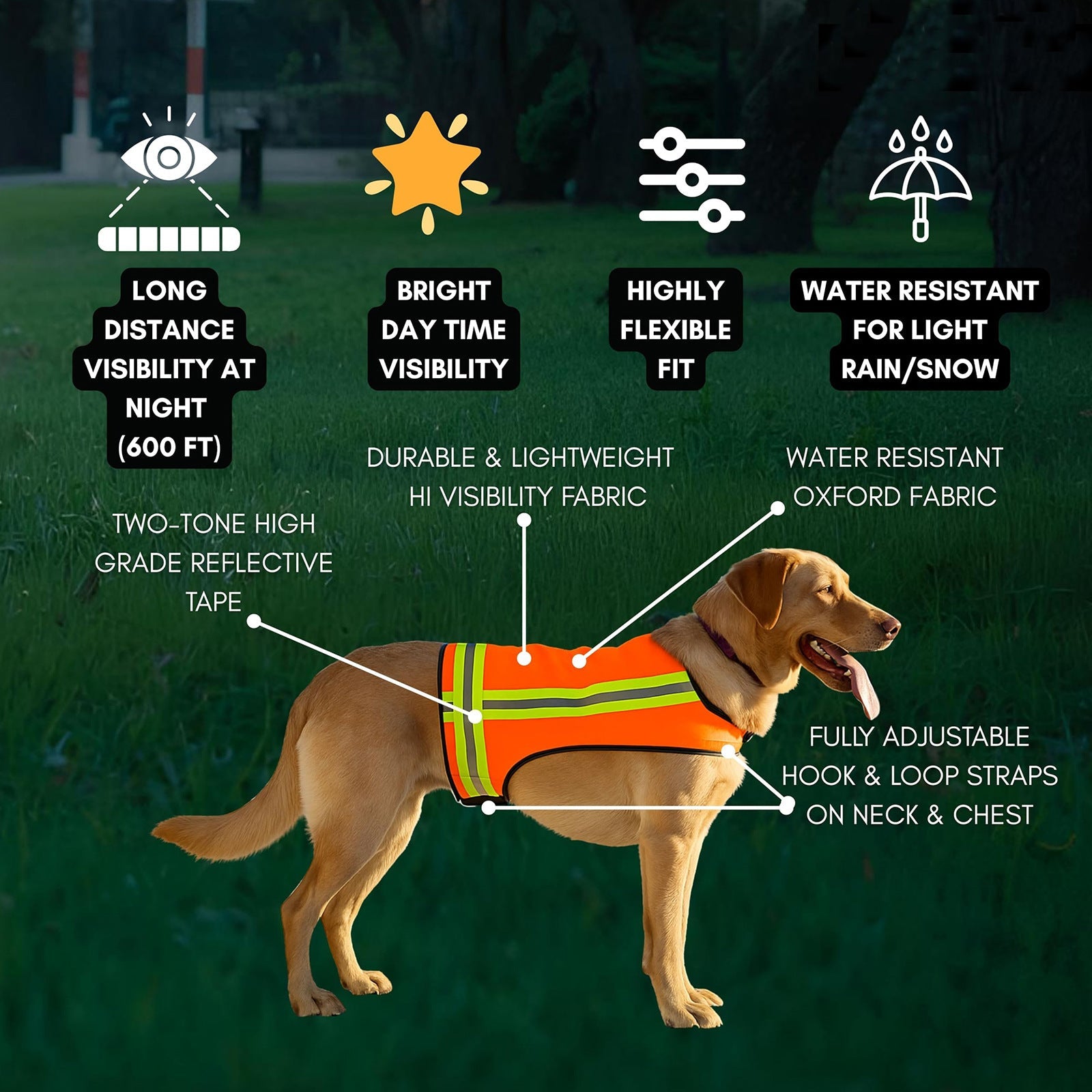 Dog Safety Vest High-Visibility Orange Reflective Stripes Adjustable Fit Lightweight
