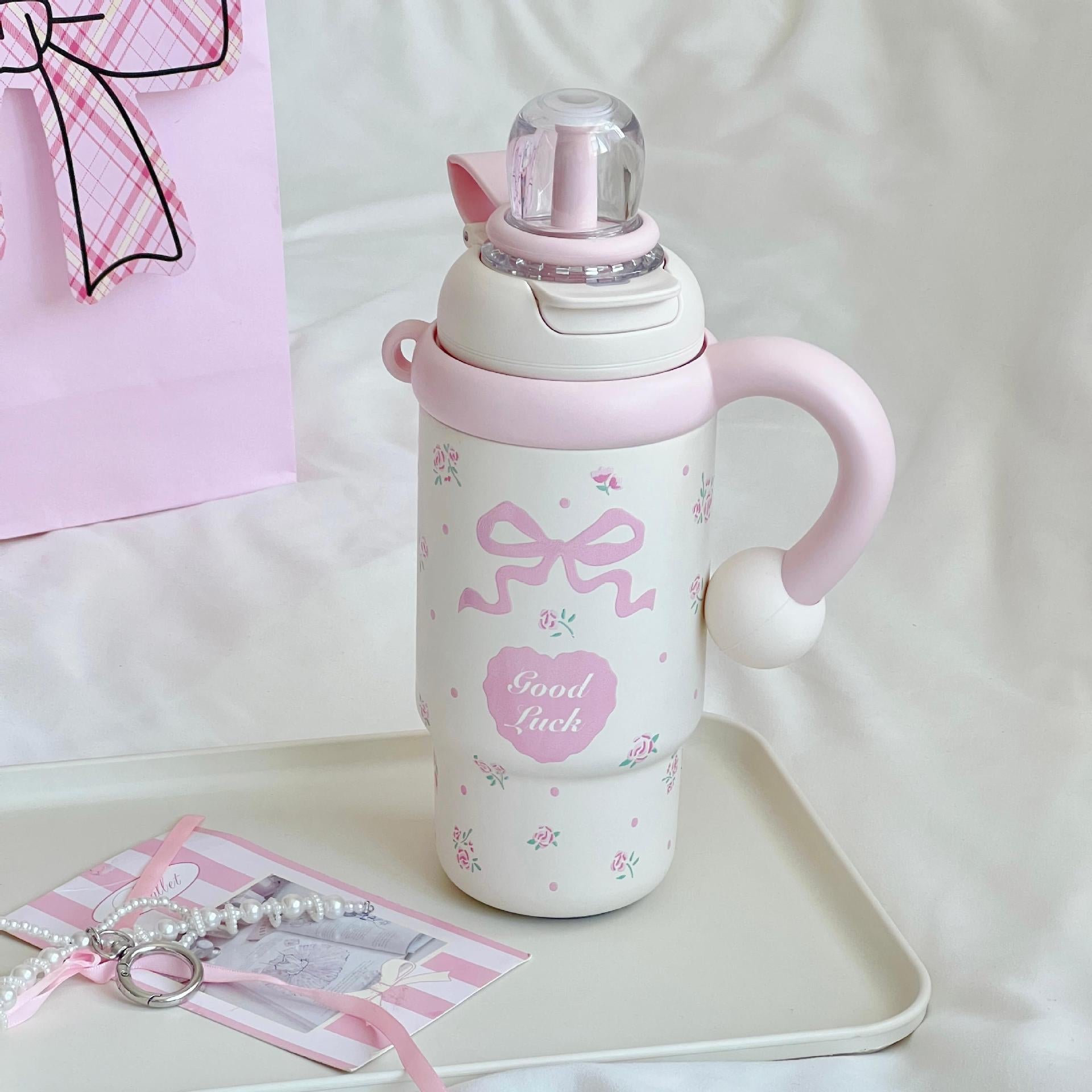 Insulated Women’s Water Bottle Leak-Proof Lid Built-In Straw Floral Design Compact Size