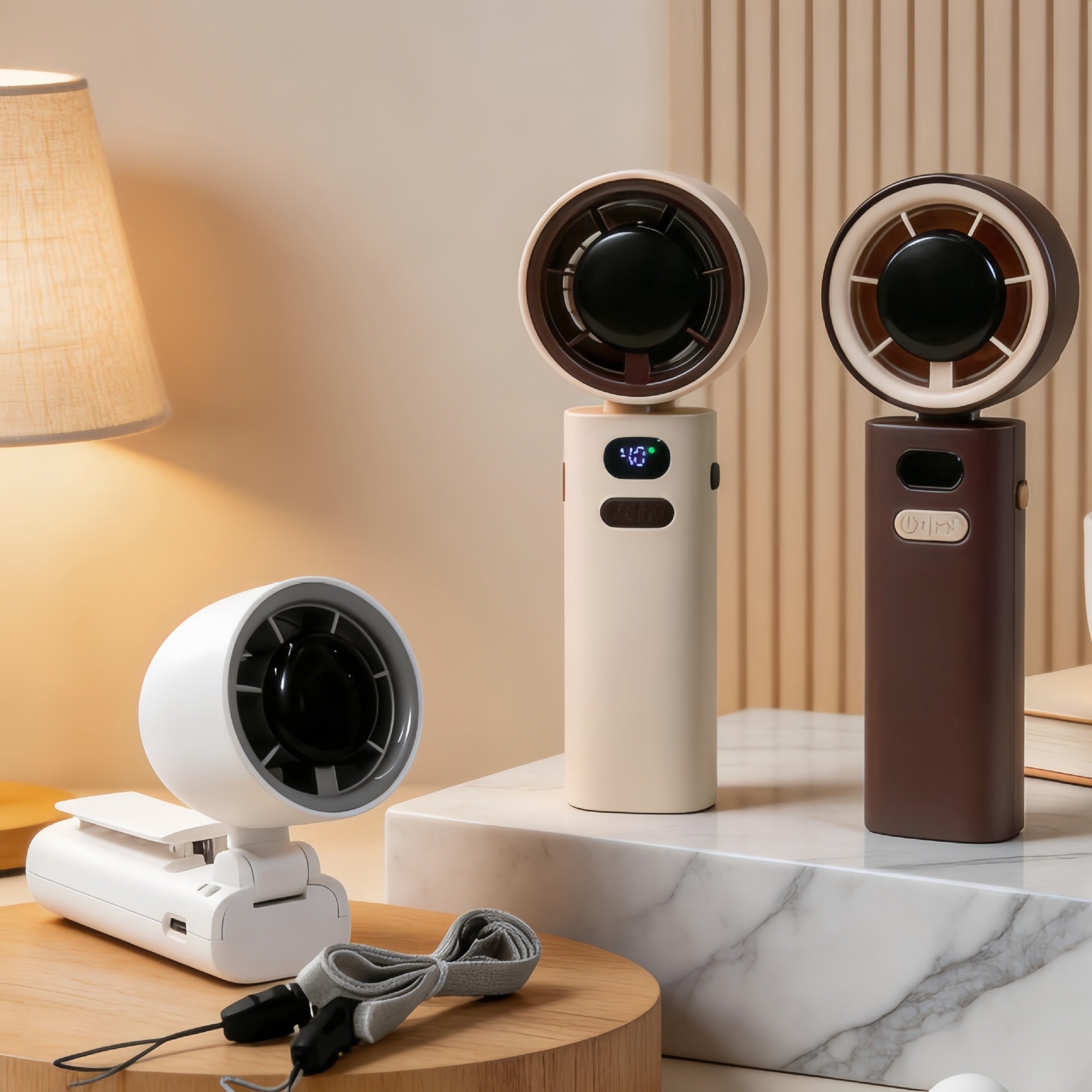 Portable USB Rechargeable Personal Fan with Display and Carrying Strap Compact Cooling