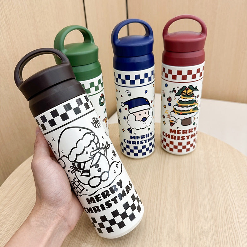 Women Stainless Steel Insulated Thermos Bottle Christmas Design Vacuum Flask with Handle