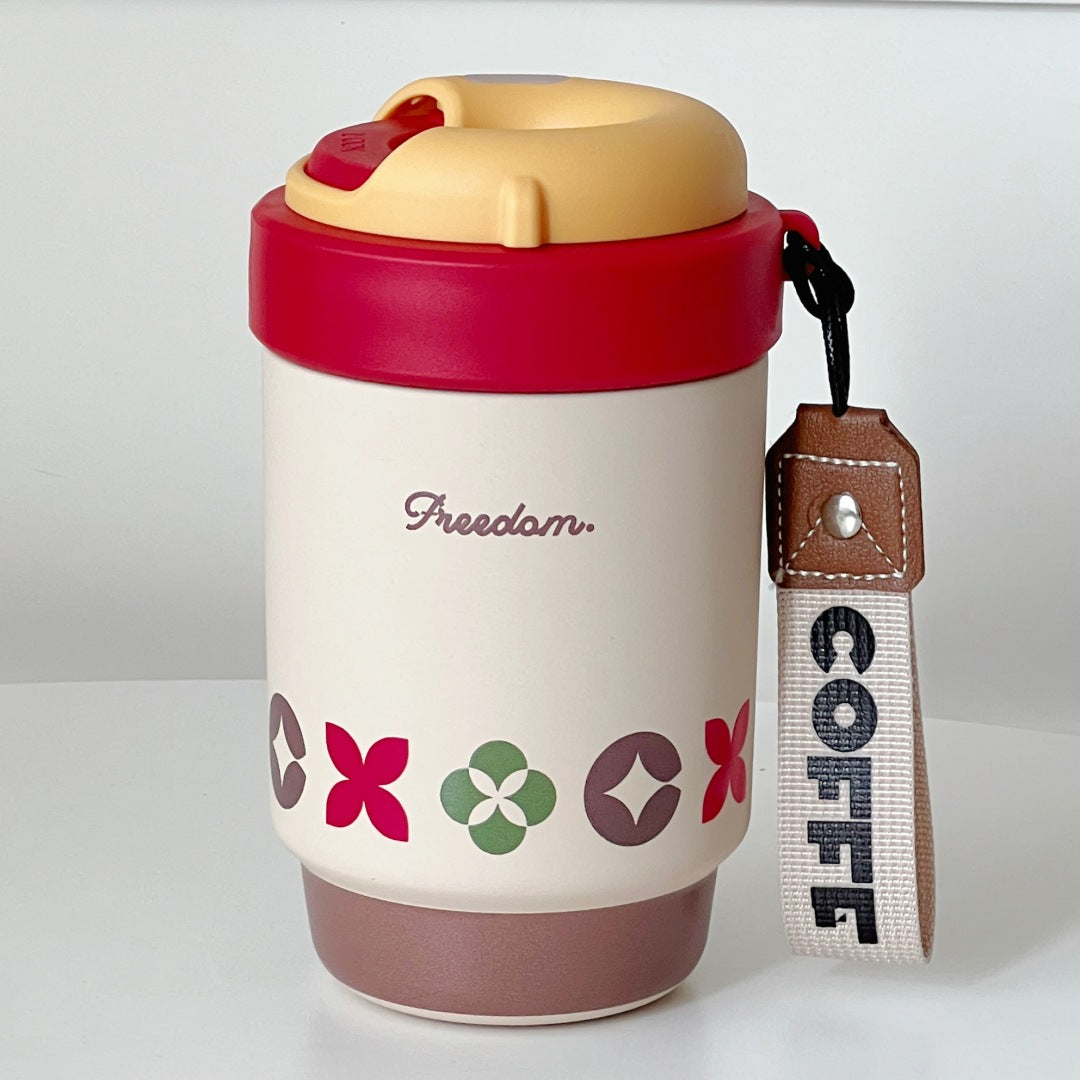 Insulated Coffee Mug for Women Double-Walled Spill-Proof Travel Mug with Lid and Carry Strap Black Silver