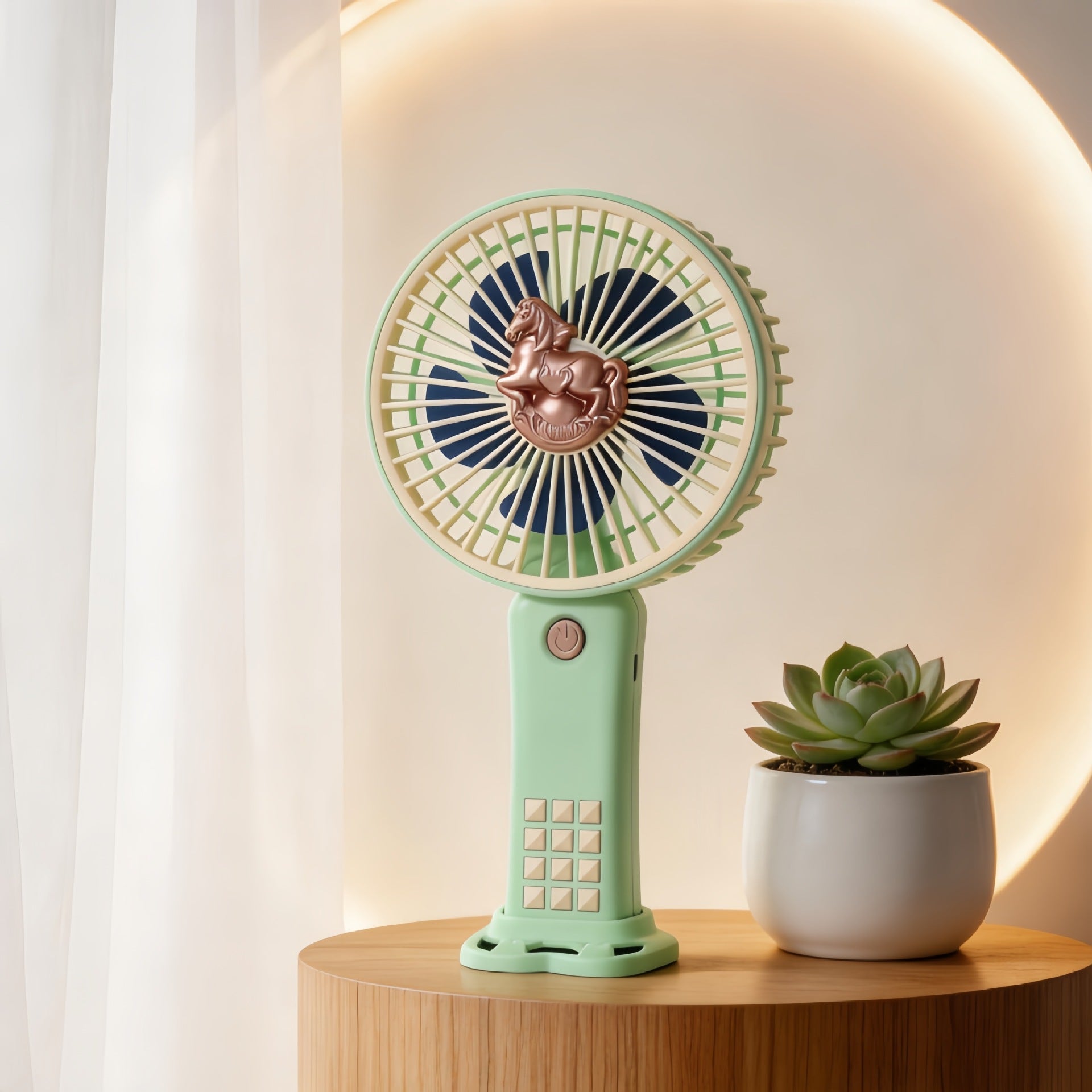 Portable Rechargeable Hand Fan for Women with Playful Horse Motif Multiple Speeds Compact Design