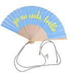 Ladies Designer Hand Fan Bamboo Frame Personalized Inscription Blue Yellow