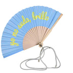 Ladies Designer Hand Fan Bamboo Frame Personalized Inscription Blue Yellow