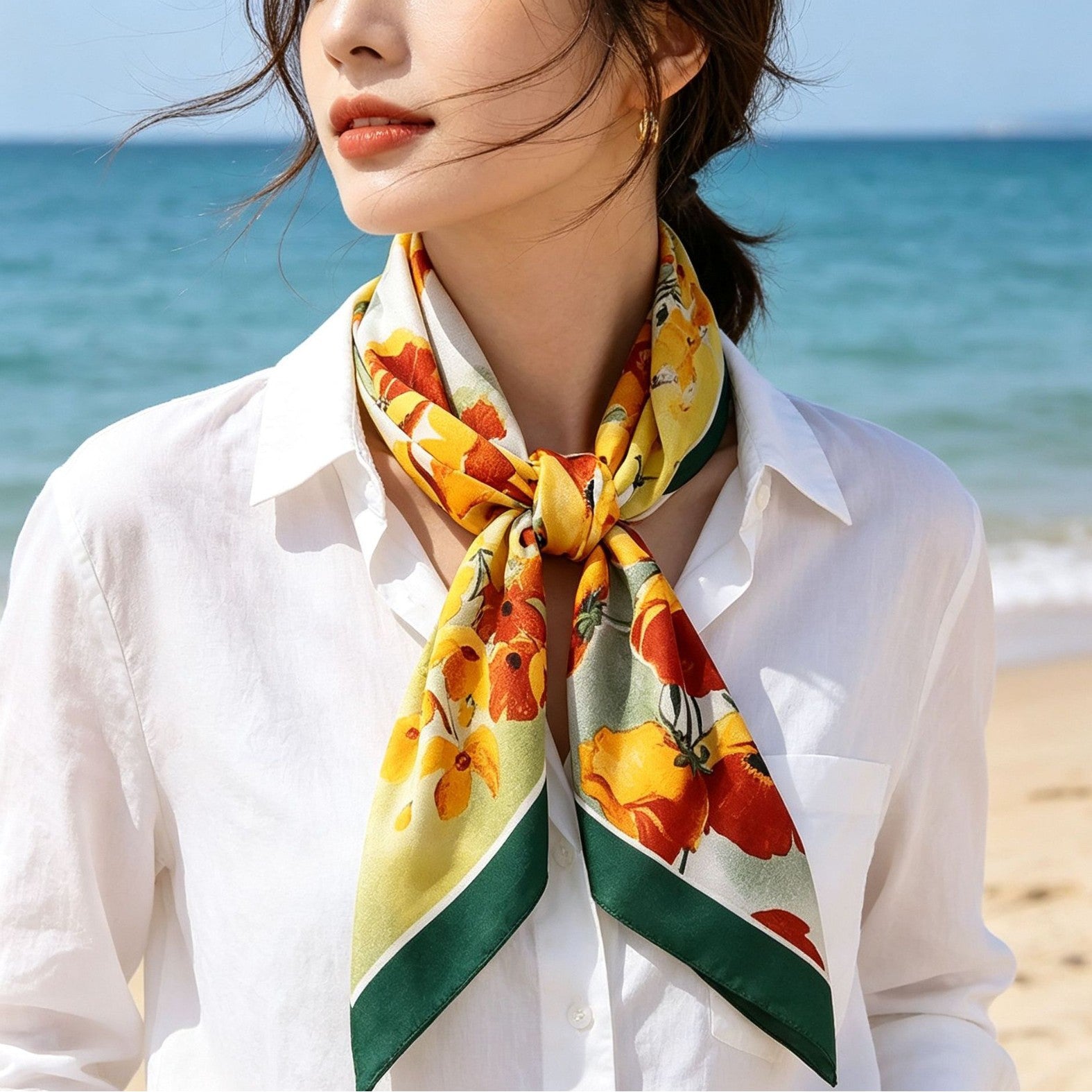 Women's Silk Scarf Botanical Pattern Soft Lightweight Elegant Neck Scarf Hairband Accessory