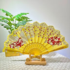 Women Folding Hand Fan Embroidered Pink Fabric and Wood Portable Accessory