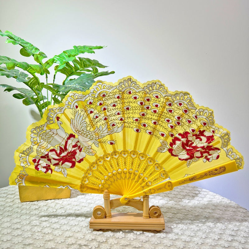 Women Folding Hand Fan Embroidered Pink Fabric and Wood Portable Accessory