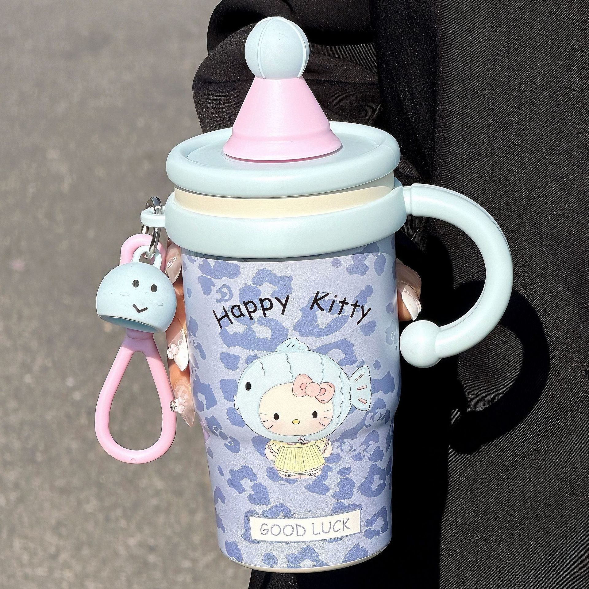 Insulated Women's Drinking Cup With Cute Cat Design Leak-Proof Flip Lid Ergonomic Handle